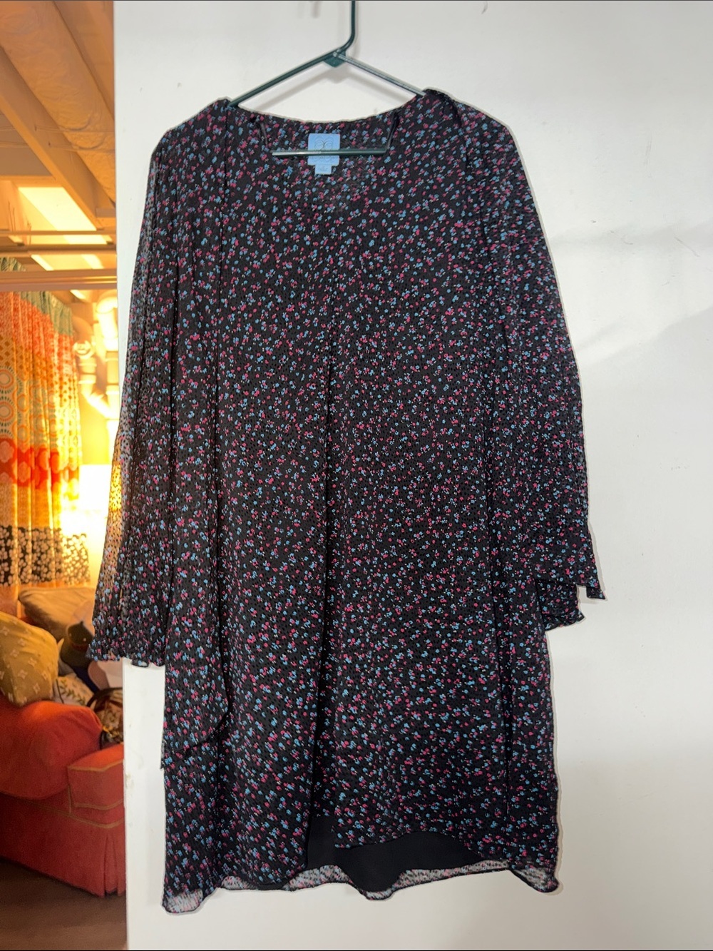 CeCe Black Long-Sleeve Floral Shift Dress with Pink & Blue Flowers - Picture 1 of 5